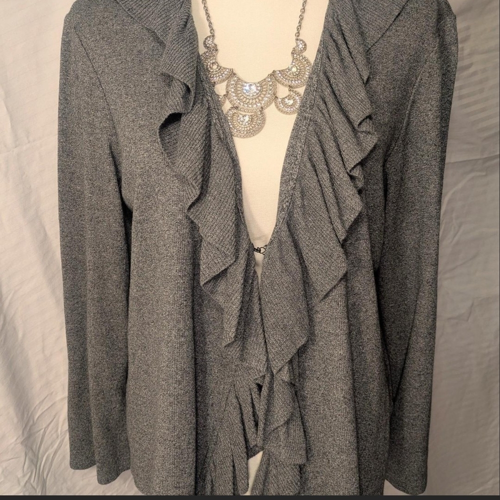 Rafaella Gray Ruffle-Front Sweater Cardigan
